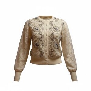 Antique Custom Made by Margot Cream Virgin Lambs Wool Beaded Lace Sweater Women